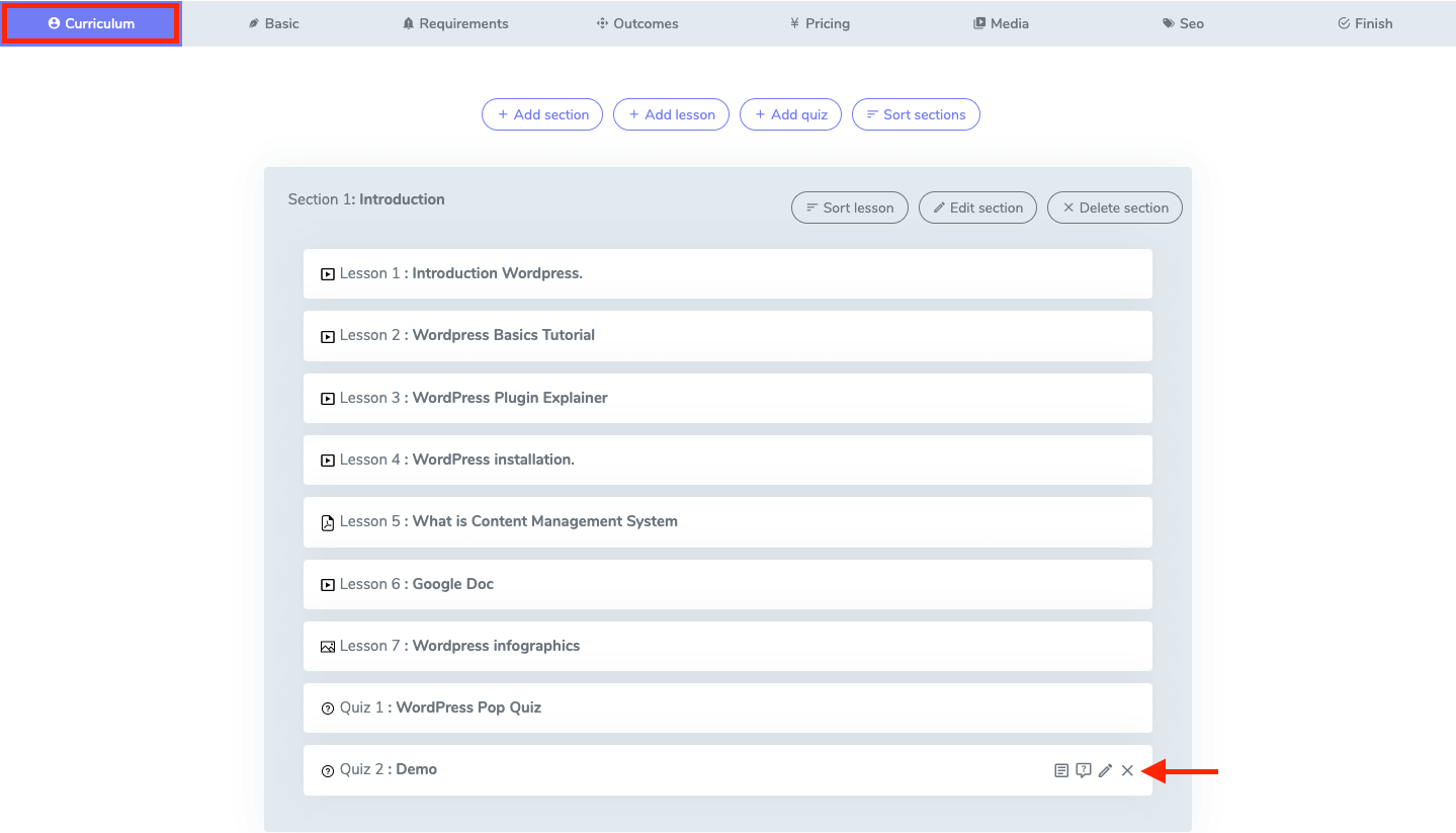 Deleting Quiz Admin Academy