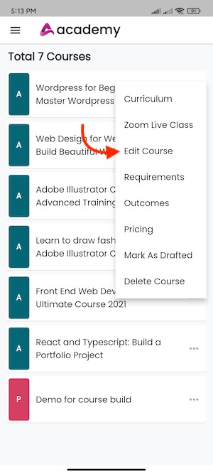 Navigating Edit Course Academy Instructors Mobile App 2