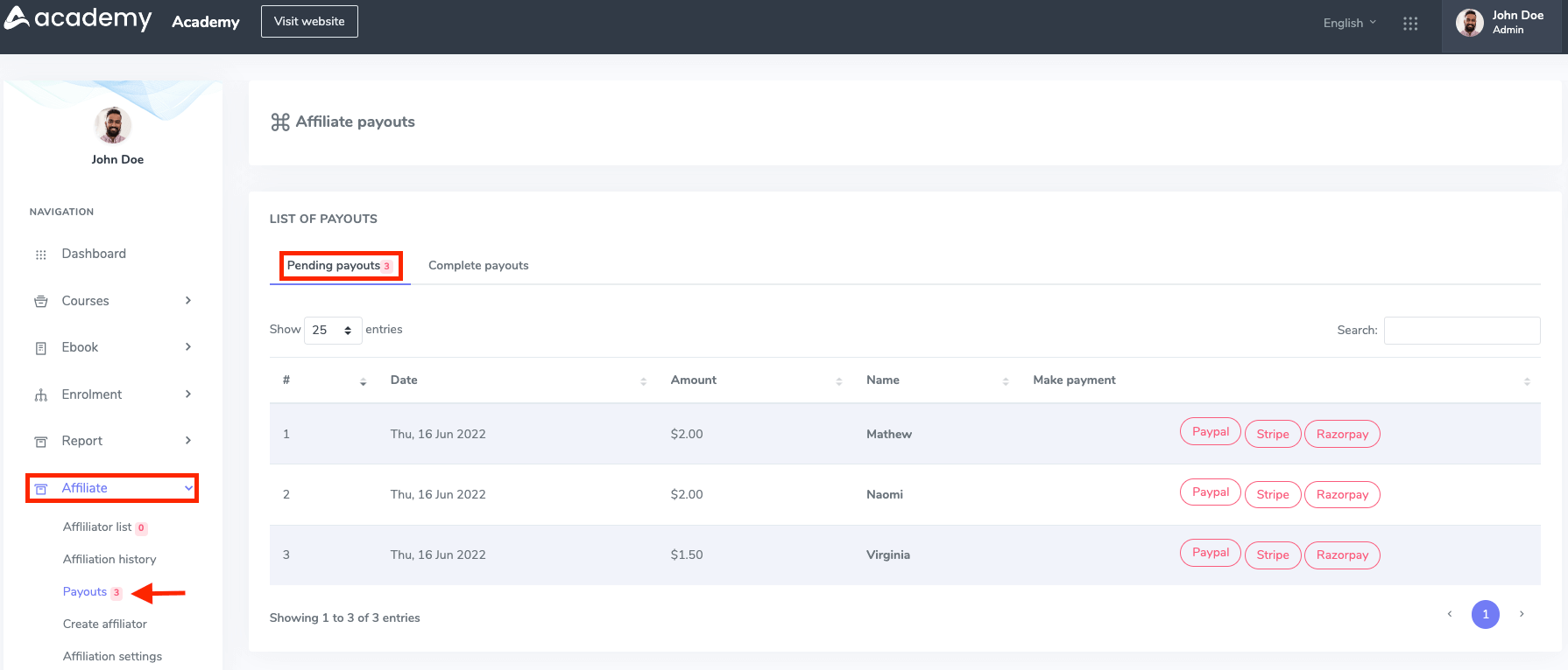 Academy Pending Affiliate Payout