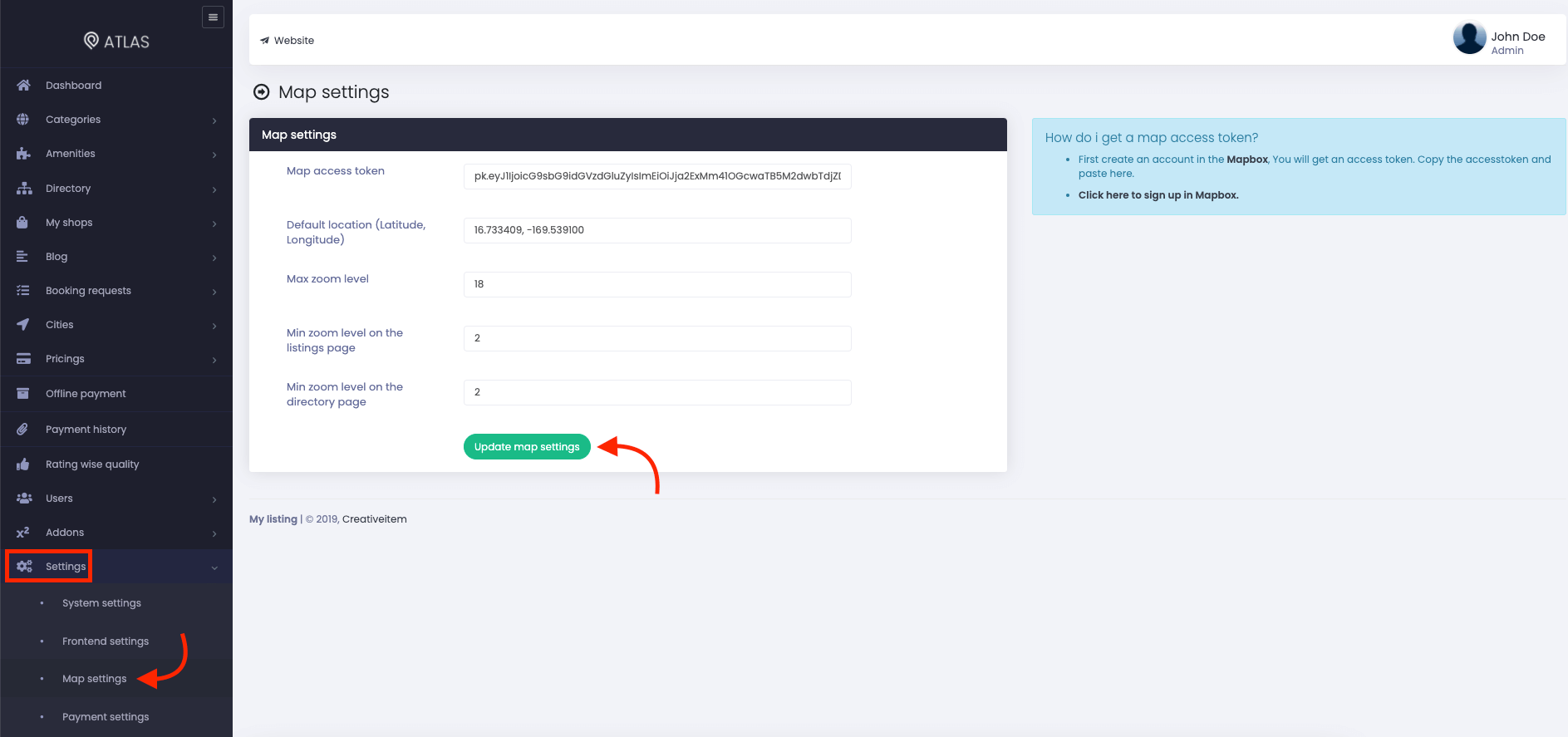 Atlas Congiguring Map Settings