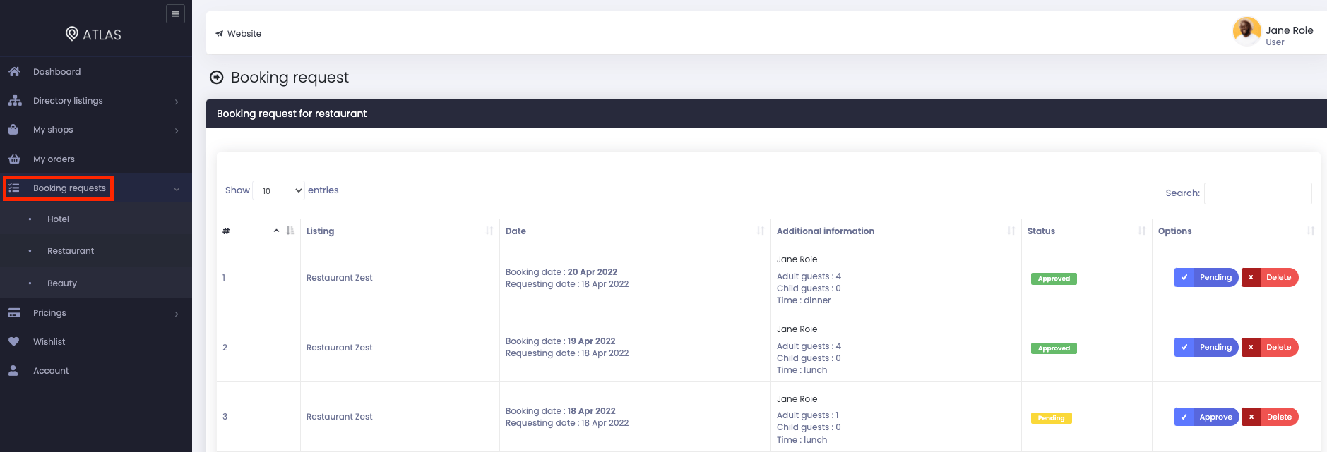 Atlas Booking Request Customer