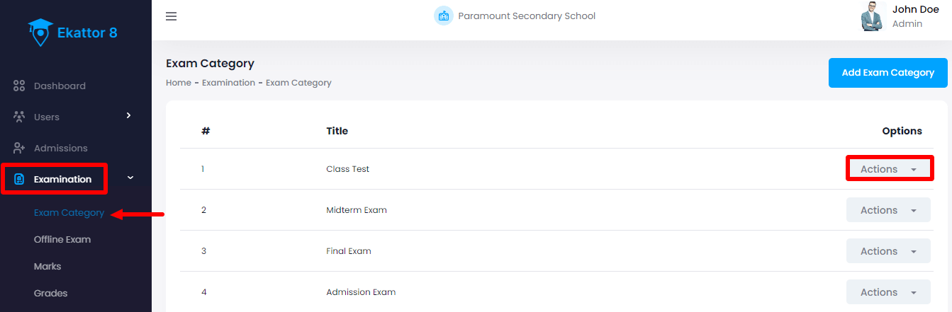 Ekattor 8 Managing Exam Category