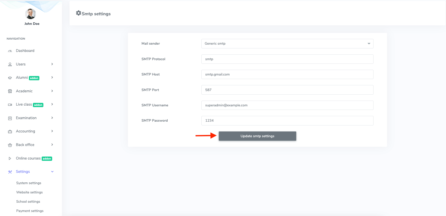 Updating Smtp Settings